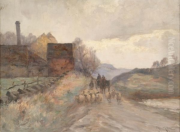 Sheep And A Cart On A Country Road Oil Painting by Joseph Milner