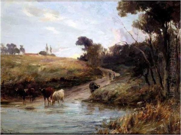 Cattle Watering Oil Painting by Joseph Milner