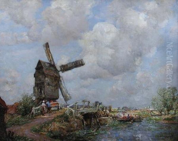 A Post Mill On The Ouse In The Fens Oil Painting by William Watt Milne