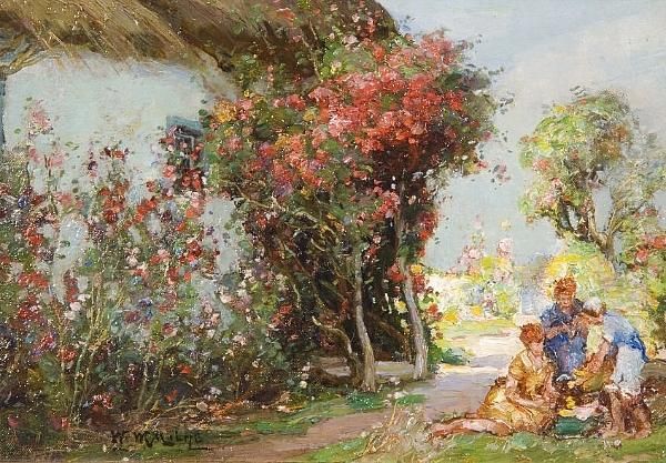 Figures In A Cottage Garden Oil Painting by William Watt Milne