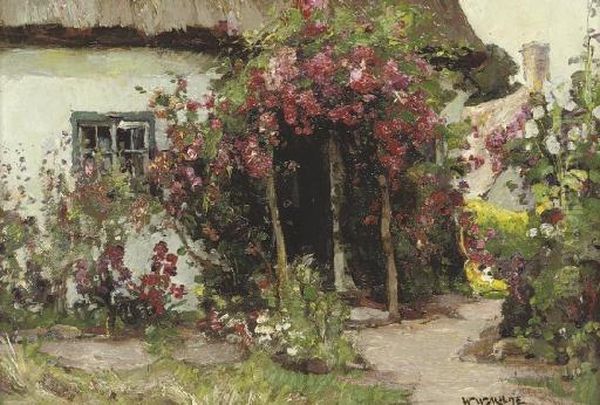 Figures Beside A Cottage; And A Cottage Garden In Bloom Oil Painting by William Watt Milne