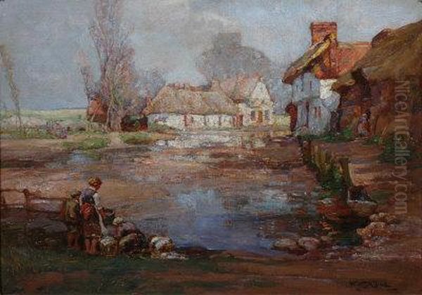 Washer Women By The Village Pond. Oil Painting by William Watt Milne