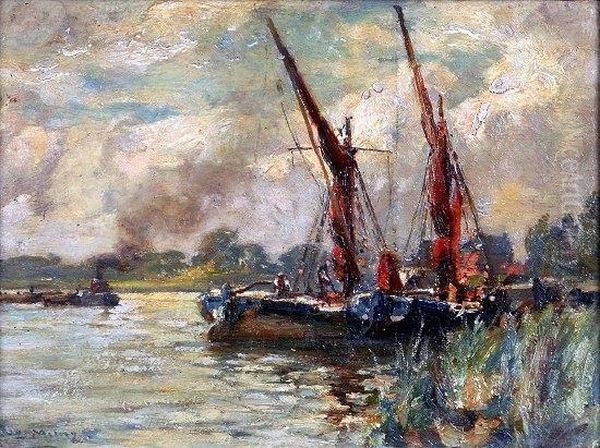 Fishing Boats At A Scottish River Harbour Oil Painting by William Watt Milne