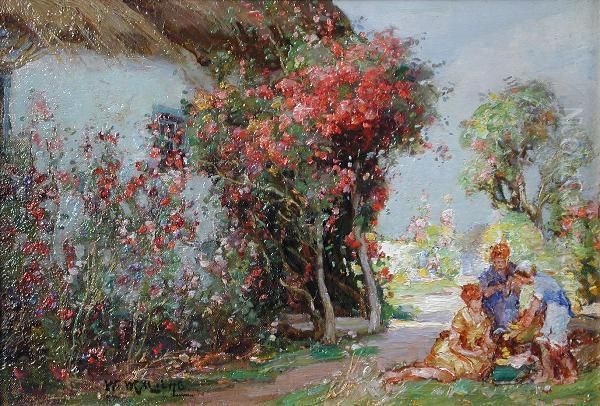 Cottage Gardens With Roses And Honeysuckle In Summer Oil Painting by William Watt Milne