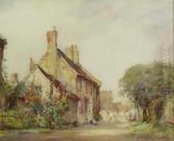 A Village Street With Figures And Hollyhocks by William Watt Milne