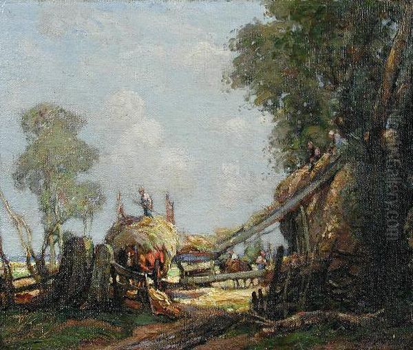 Harvesters Building A Straw Stack In The Fens Oil Painting by William Watt Milne