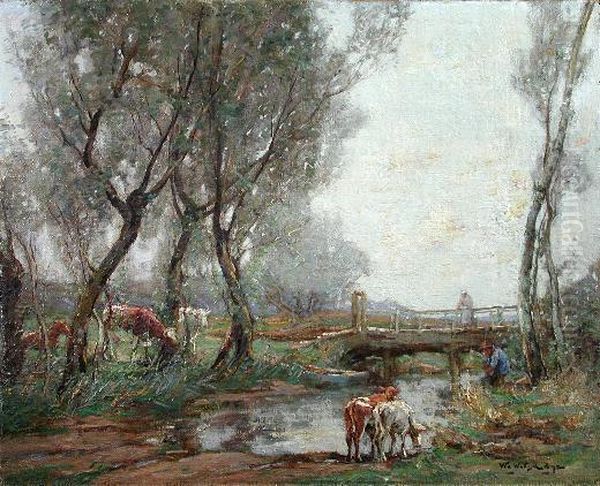 Cattle Watering At A Ford Oil Painting by William Watt Milne