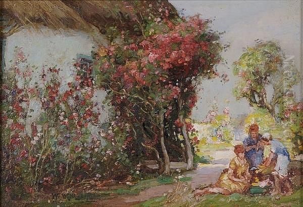 Figures In A Rose Garden, Thatched Cottage With Roses Oil Painting by William Watt Milne