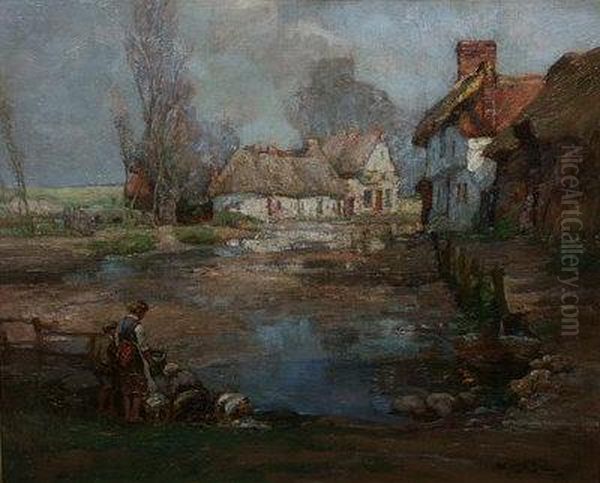 The Village Pond, Wyton Near Huntingdon. Oil Painting by William Watt Milne