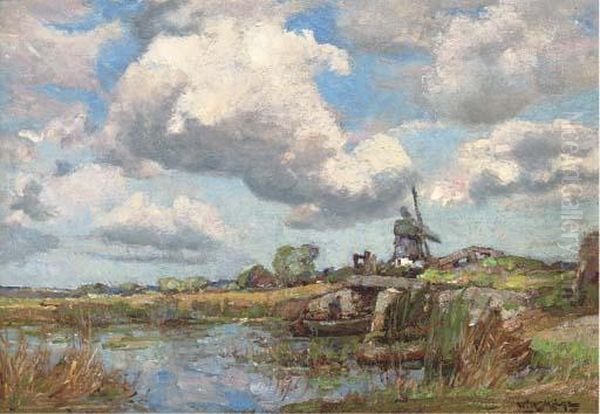 A Barge In A River Landscape, A Windmill Beyond Oil Painting by William Watt Milne