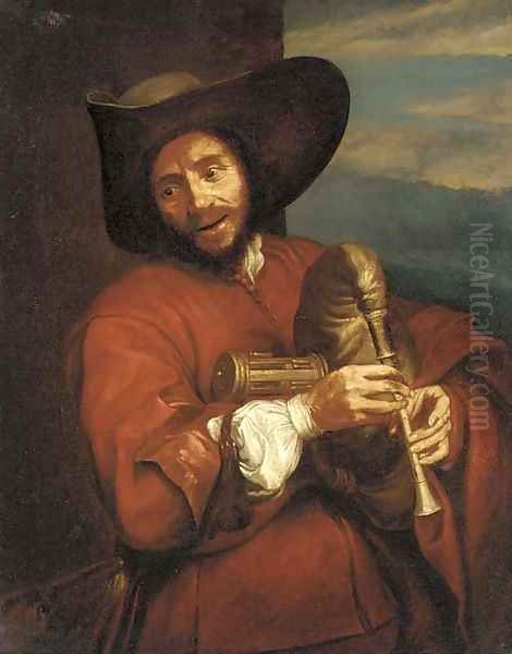 Portrait of Francis Langlois de Chartres, half-length, playing a hurdy-gurdy Oil Painting by Sir Anthony Van Dyck