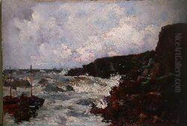 Waves Breaking On A Rocky Coast Oil Painting by William Watt Milne