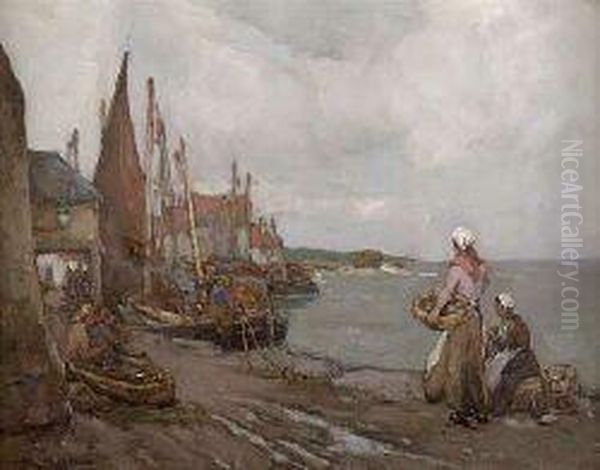 A Busy Harbour Scene, Pittenweem Oil Painting by William Watt Milne