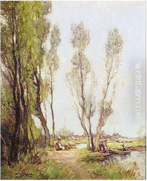 Poplars; The Cottage Oil Painting by William Watt Milne