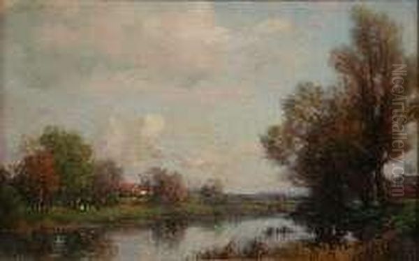 A River Landscape At Dawn Oil Painting by William Watt Milne