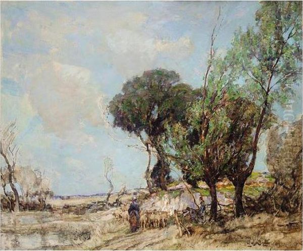 Sheep And Shepherdess In A Landscape Oil Painting by William Watt Milne