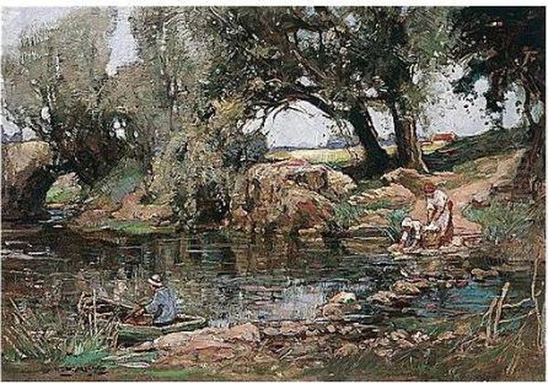 Washing On The River Bank Oil Painting by William Watt Milne