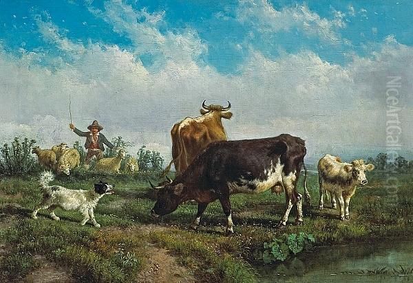 An Extensive Italianate 
Landscape With A Younggirl With Her Farm Animals In The Foreground; Also
 A Companionpainting (a Pair) Oil Painting by Antonio Milone