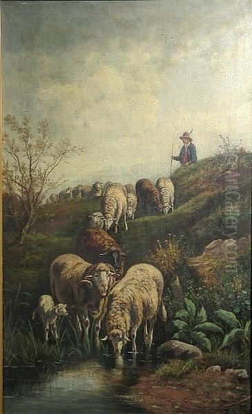 A Shepherd With His Flock At Water's Edge Oil Painting by Antonio Milone