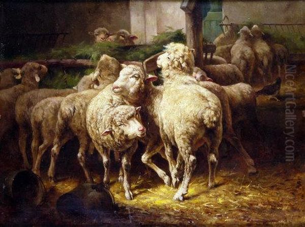 Feeding Time, Barn Interior With Sheep Oil Painting by Antonio Milone