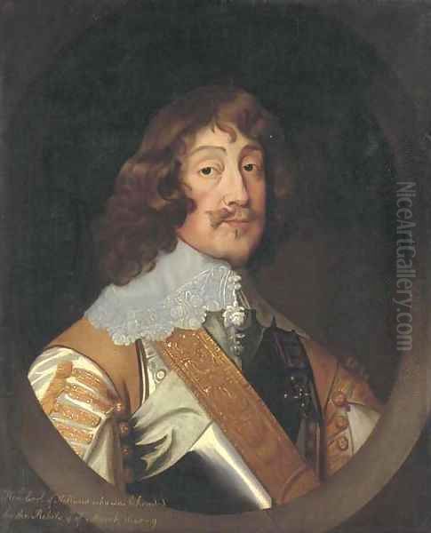 Portrait of Henry Rich, 1st. Earl of Holland (1590-1641), bust-length, in a breast plate and lace collar, painted oval Oil Painting by Sir Anthony Van Dyck