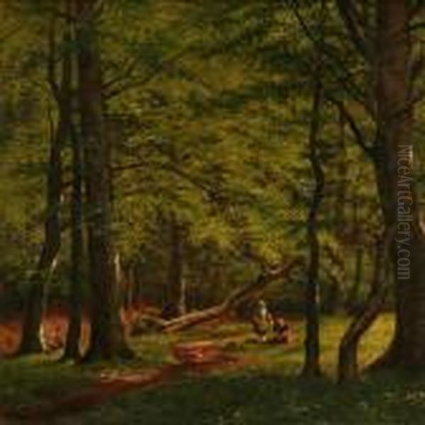 Forest Scene With Two Girls Picking Flowers Oil Painting by Carl Milton Jensen