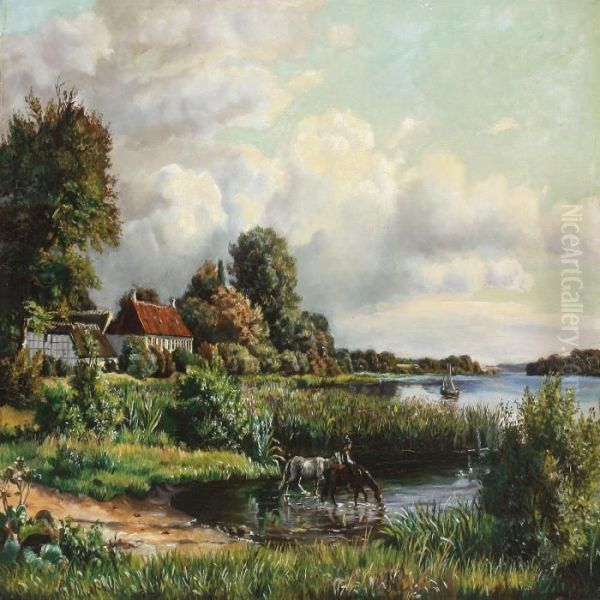 Danish Summer Landscape With House At A Lake And Young Man Watering The Horses Oil Painting by Carl Milton Jensen