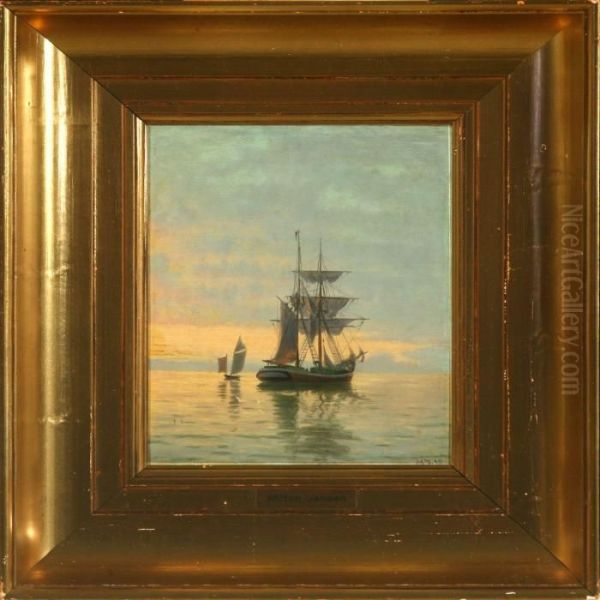 Seascape Withsailing Ships At Sunset Oil Painting by Carl Milton Jensen