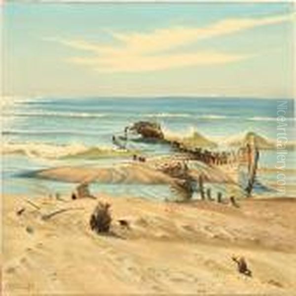 A Ship Wreck On Skagen Beach, Denmark Oil Painting by Carl Milton Jensen