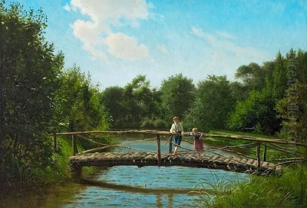 Children Fishing By The Stream A Summer's Day Oil Painting by Carl Milton Jensen