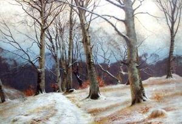 Waldweg Im Winter Mit Jagersmann Oil Painting by Carl Milton Jensen