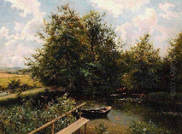 A Rowing Boat In A Wooded River Landscape Oil Painting by Carl Milton Jensen