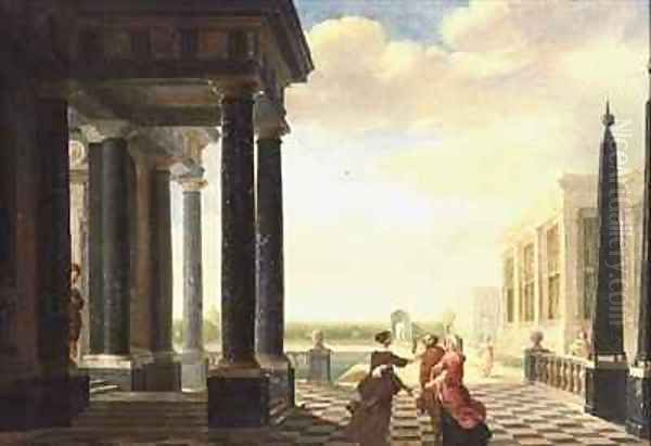 Figures in Conversation in a Classical Setting Oil Painting by Dirck Van Delen