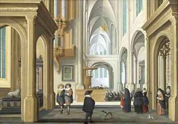 Elegant Figures in Church Oil Painting by Dirck Van Delen