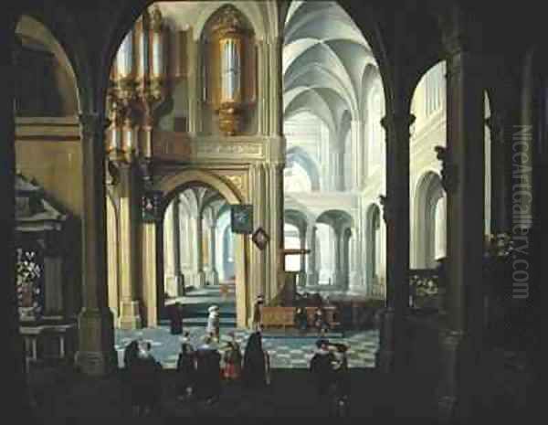 Interior of a Church with a Sermon and Christening Party in Progress Oil Painting by Dirck Van Delen