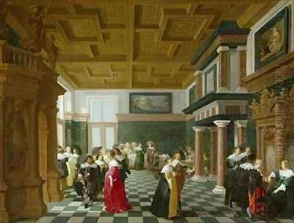 Elegant Figures dancing in an Interior Oil Painting by Dirck Van Delen