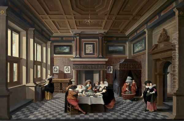 An Interior with Ladies and Gentlemen Dining Oil Painting by Dirck Van Delen