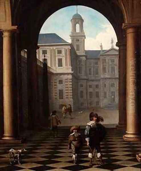 Elegant figures in a loggia at the entrance of a palace Oil Painting by Dirck Van Delen