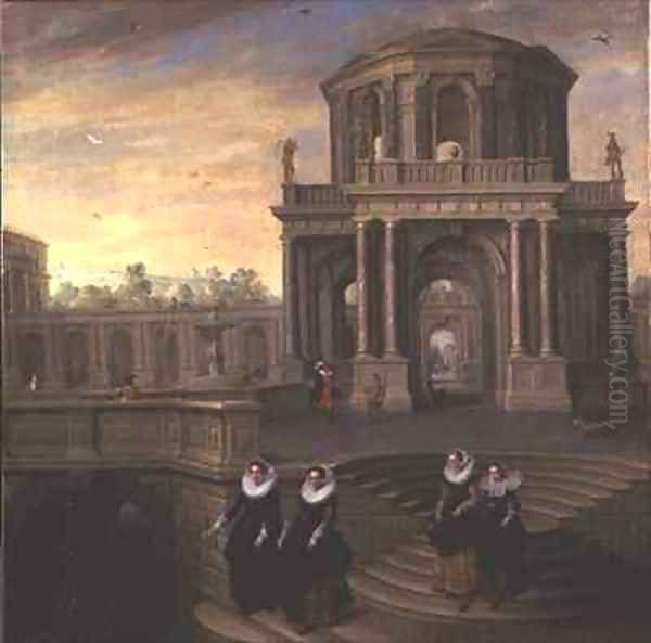 Women descending steps Oil Painting by Dirck Van Delen