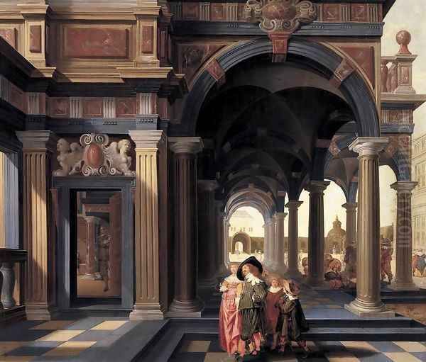 Elegant Figures in a Loggia Oil Painting by Dirck Van Delen