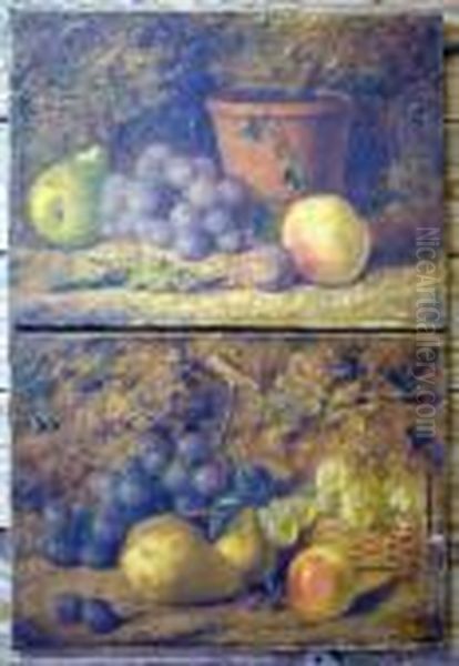 French Pair Of Unframed Oils On 
Canvas Still Lifes Of Fruit Signed Andd Ated '87 10 X 14in Oil Painting by Louis Emile Minet