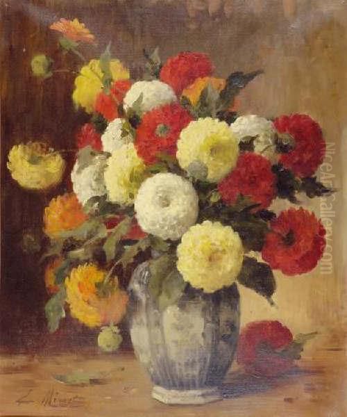 Bouquet De Dalhias Dans Un Pichet Oil Painting by Louis Emile Minet