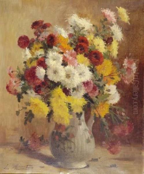 Dalhias Dans Un Vase Oil Painting by Louis Emile Minet