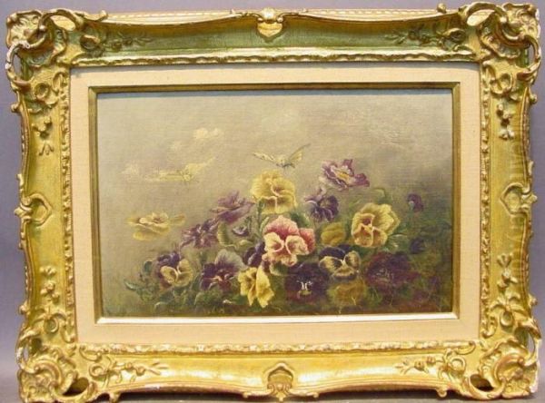 Butterflies And Pansies
Initialed And Dated Oil Painting by Louis Emile Minet