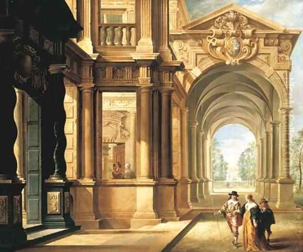 A fantastical palace with an elegant couple walking in front of a portico Oil Painting by Dirck Van Delen