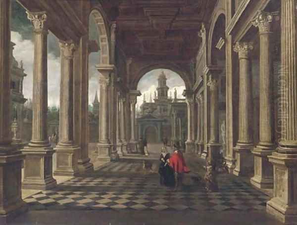 An architectural capriccio with elegant company Oil Painting by Dirck Van Delen