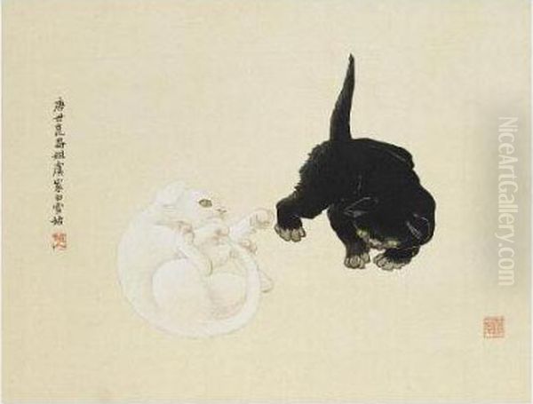 Black & White Cats Oil Painting by Yu Ming