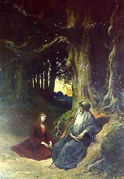 Viviane and Merlin in a Forest Oil Painting by Gustave Dore