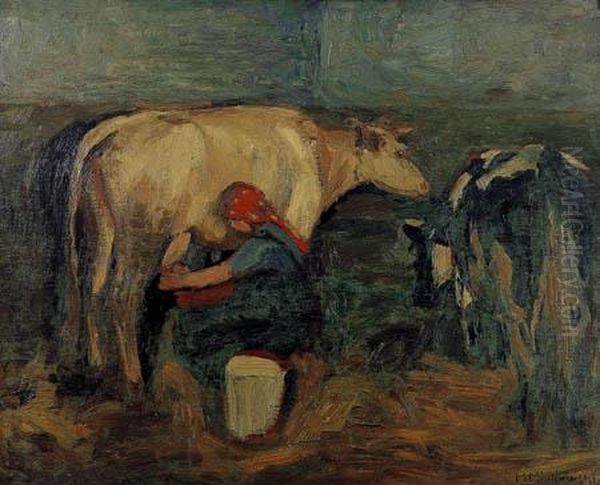 Milking The Cows In The Evening Oil Painting by Maurice Minkowski