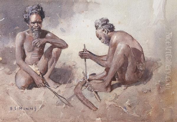 Two Aborigines Starting A Fire Oil Painting by Benjamin Edwin Minns